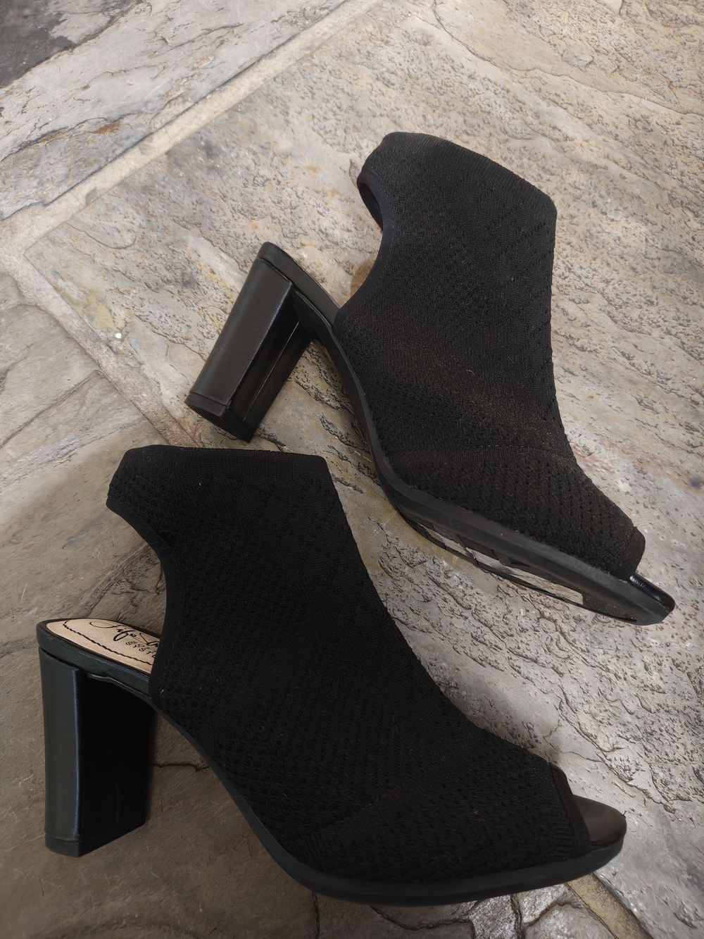 Life Stride Black Knit Peep-Toe Block Heel Sandals